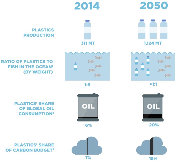 2014年には海水中の魚とプラスチックごみの重量の割合は5：1でしたが、2050年にはプラスチックが魚の重量を上回ると予想されています。